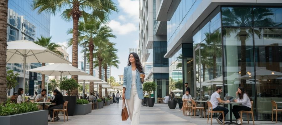 جوان حرفه‌ای در محله پویای دبی با کافه‌ها و فضاهای کاری مشترک